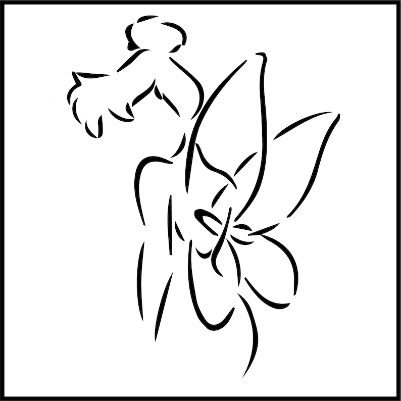 May include: A black and white line drawing of a stylized flower with a butterfly design.