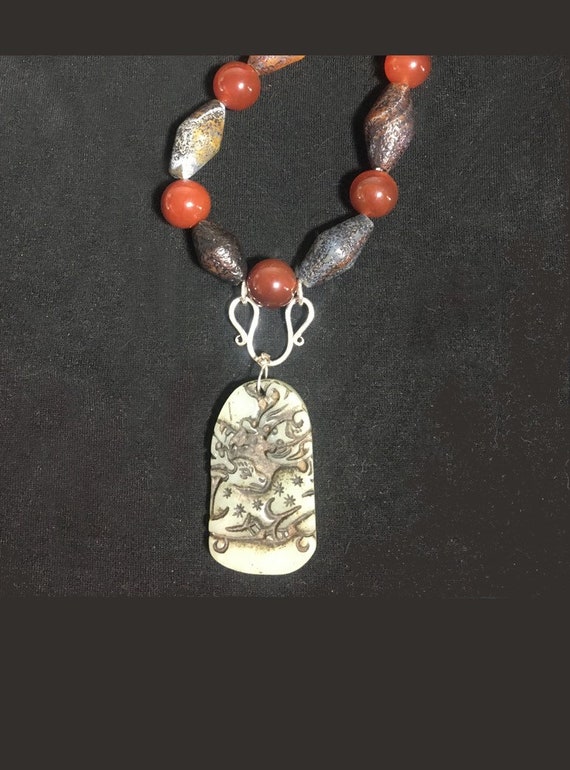 Rare Tibetan 1940’s Red Jade Deer/Bat Amulet with 
