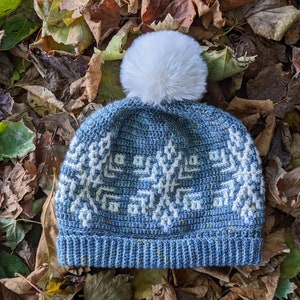May include: A blue crocheted beanie with a white pom pom and a white snowflake pattern. The beanie is lying on a bed of autumn leaves.