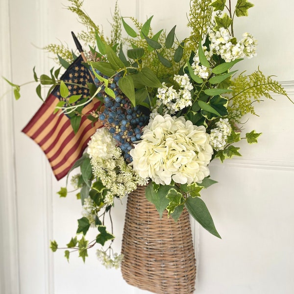 Patriotic Summer Hanging Basket for Front Door, 4th of July Hanging Basket, Farmhouse Door Basket for Summer, American Flag Decor