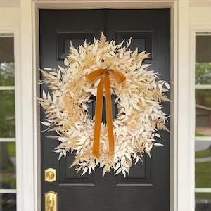 Rustic Fall Wreath, Ivory Fern Wreath, Neutral Door Wreath for Fall, Wheat look wreath with copper velvet bow