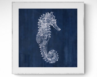 Navy Blue Seahorse Watercolor Print, Coastal Wall Art (Digital Download)