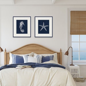 Nautical Print Set of 2, Blue Seahorse and Starfish Wall Art