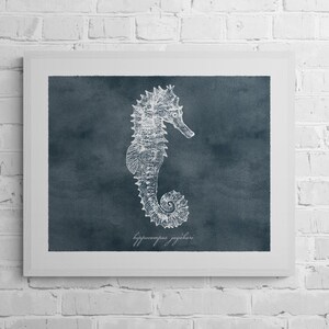 Seahorse Watercolor Coastal Wall Art Print, Modern Coastal Steel Gray Digital Download Print