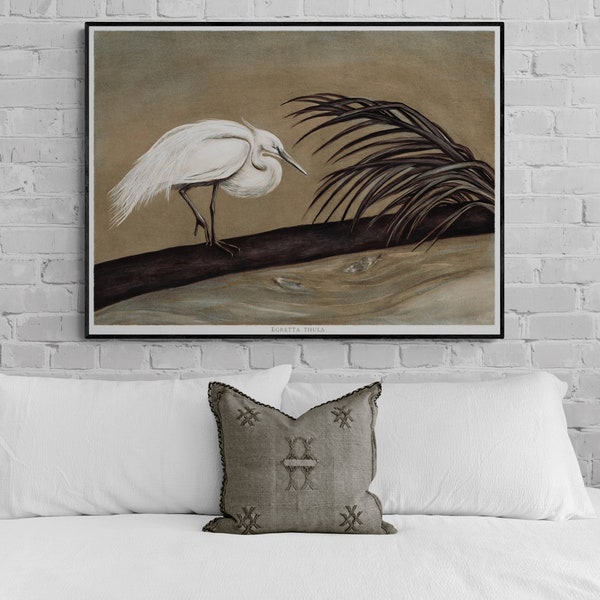 Vintage Style Egret Print on Linen, Audubon Inspired Art, Vintage Art Printable, Egretta Thula