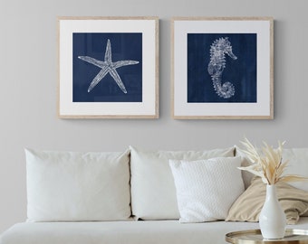 Coastal Wall Art Set of 2 in Nautical Blue Color