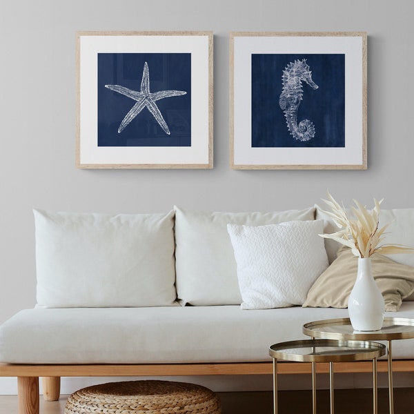 Coastal Wall Art Set of 2 in Nautical Blue Color