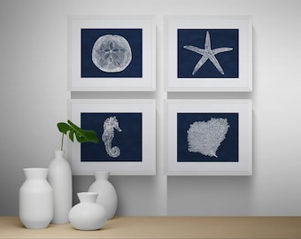 Set of 4 A3 and 11x14 Nautical Wall Art, Blue Beach House Art Decor