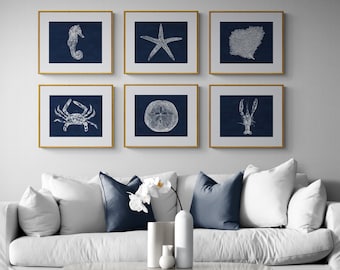 Nautical Wall Art Set of 6, Blue Beach House Art Decor