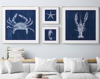 Nautical Wall Art Set of 4, Blue Beach House Art Decor