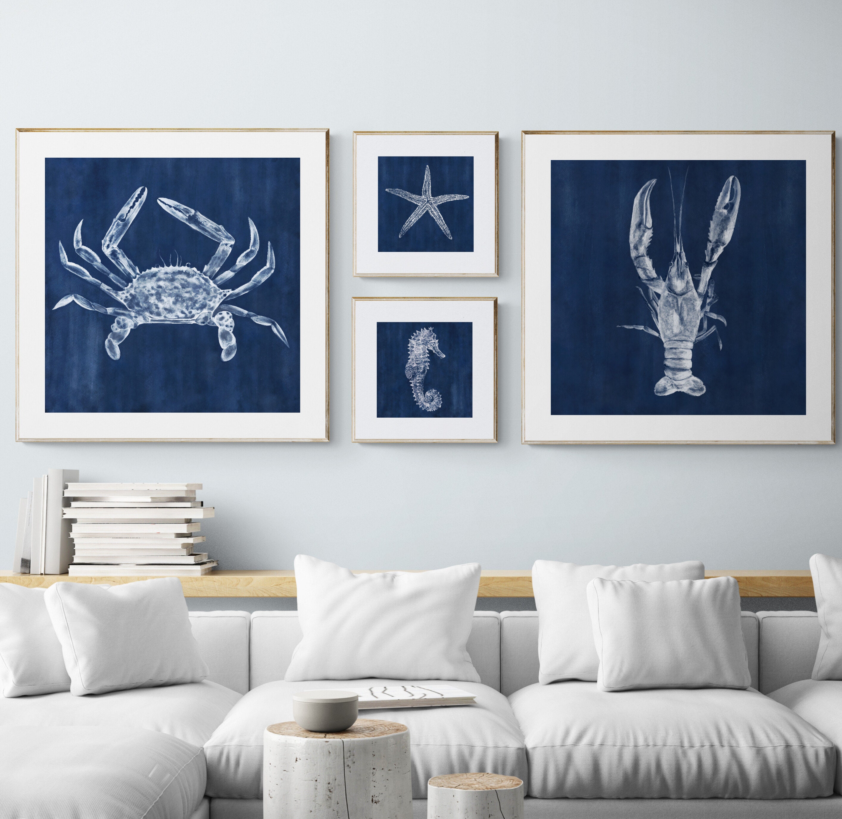 Nautical Wall Art Set of 4 Blue Beach House Art Decor Etsy