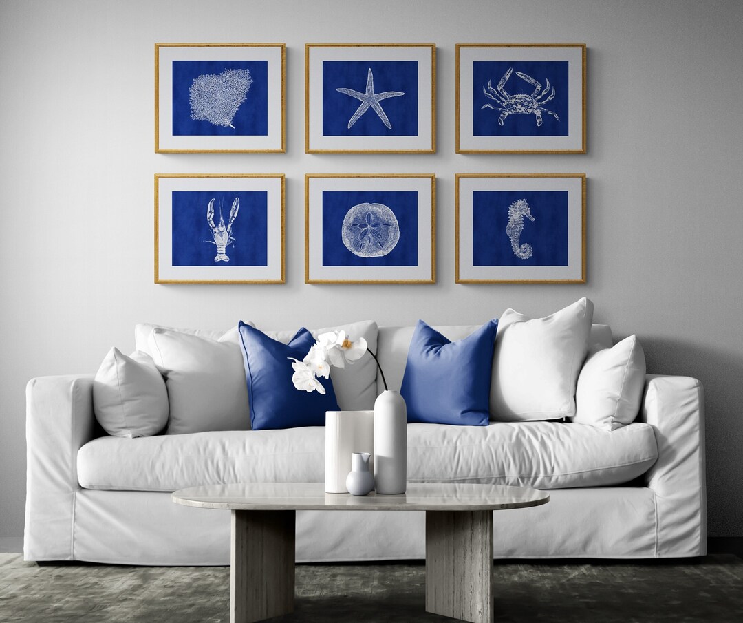 Liberty Blue and White Coastal Art Set of 6, Nautical Beach House Art ...