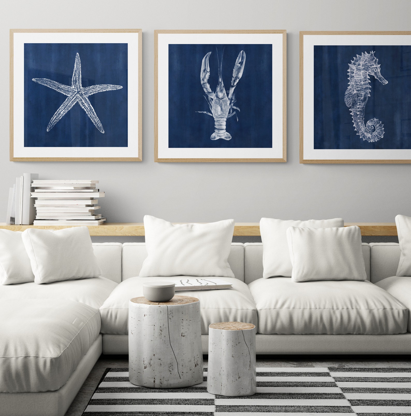 Blue Coastal Wall Art Prints Digital Download Set of 3, Nautical Art