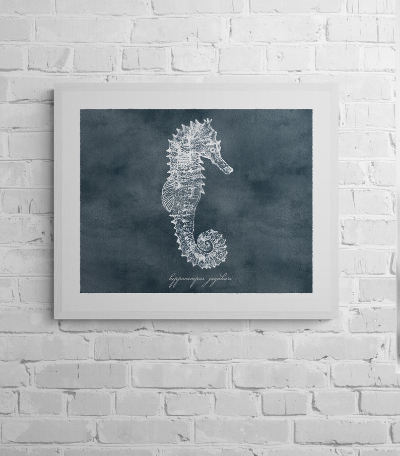 Seahorse Watercolor Coastal Wall Art Print, Modern Coastal Steel Gray Digital Download Print image 1