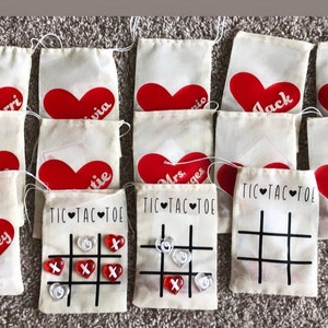 Valentine's TIC TAC TOE Cotton bags with Marble Heart Pieces | Name Personalization with Note Card | Kid's Valentine's Gifts | Party Games