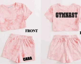 Gymnast Tie-Dye Cropped Tee & Shorts Set for Girls with Name Personalization