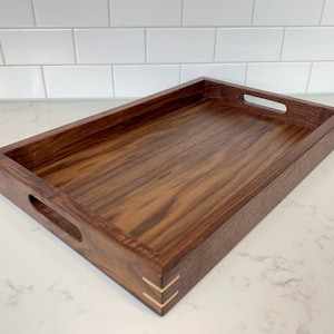 Large Walnut Serving Tray with Handles and Maple Accents