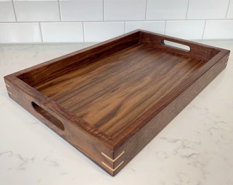 Large Walnut Serving Tray with Handles and Maple Accents