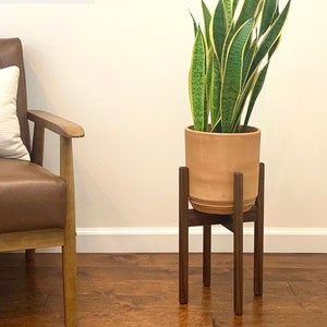 May include: A tall, green snake plant in a terracotta pot sits on a dark brown wooden plant stand. The stand has a mid-century modern design with four legs. The plant is in a well-lit room with a brown leather chair in the background.