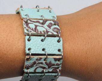 Leather Bracelet, Upcycled Leather Bracelet, Repurposed Leather Bracelet, Aqua Leather Bracelet, Leather Link Bracelet