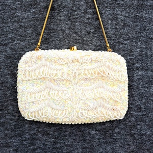 Vintage Beaded Bridal Clutch, Bridal purse, Beaded evening bag, white wedding purse image 1