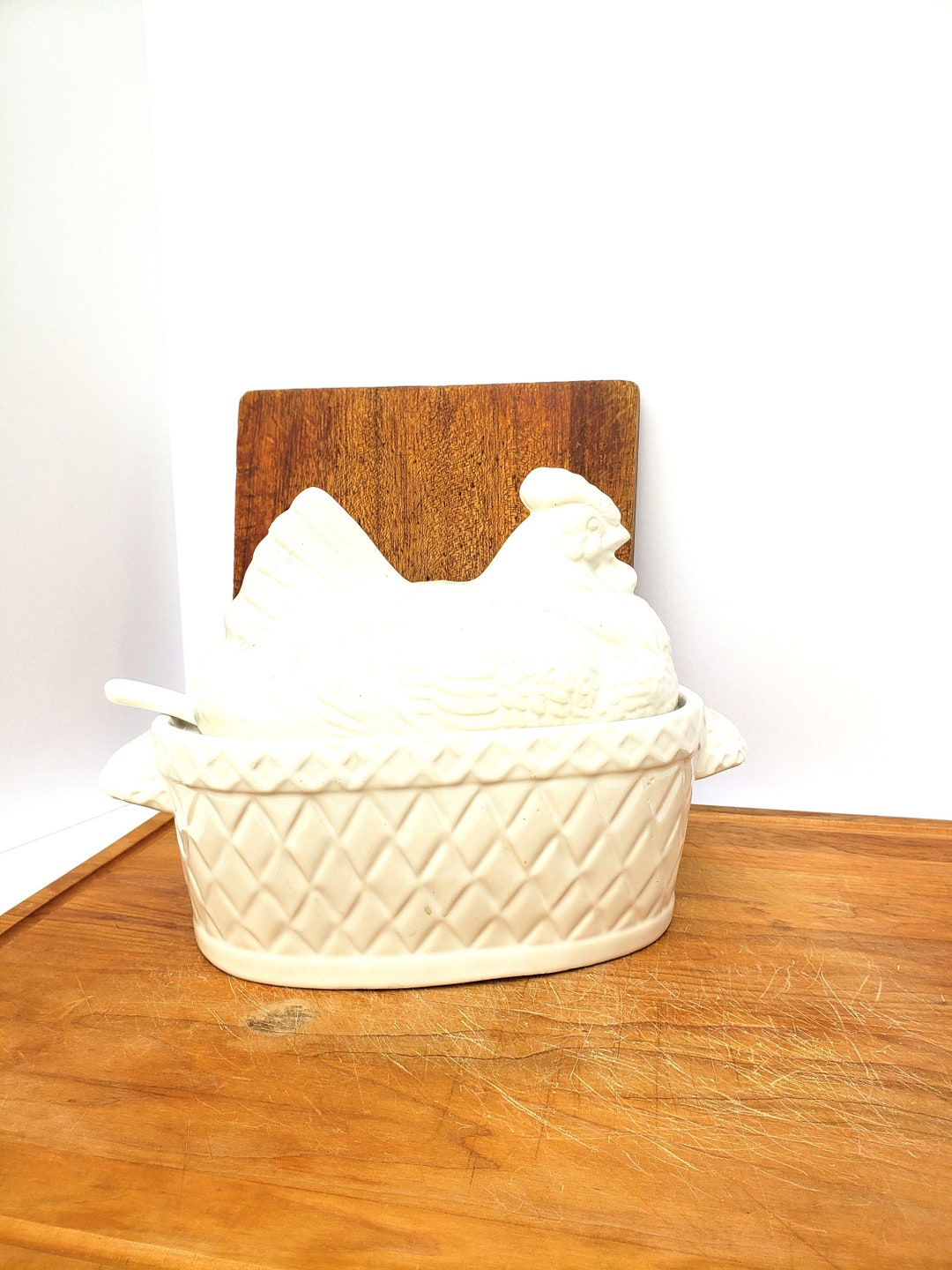Vintage Chicken Tureen, Ceramic Tureen With Ladle, Country Cottage , Farmhouse Pottery, White