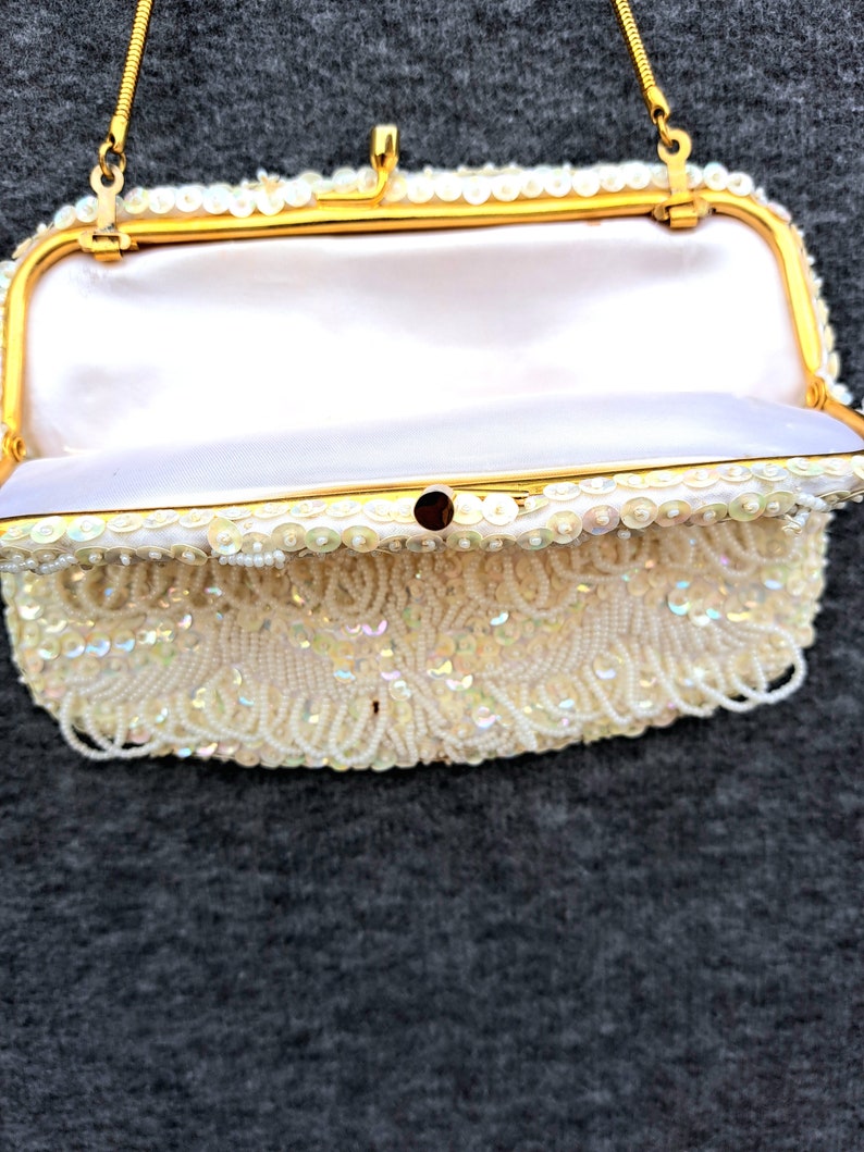 Vintage Beaded Bridal Clutch, Bridal purse, Beaded evening bag, white wedding purse image 4