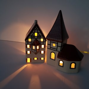 Ceramic House, Tea light Holder, little cottage, lantern, candle holder, pottery, night light , set of 2 houses