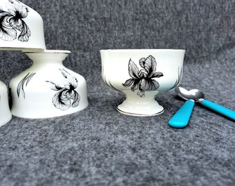 Vintage Ice cream cups, Staffordshire fine bone china ice cream cups, orchids, dessert cups, mid century modern cups, black and white,