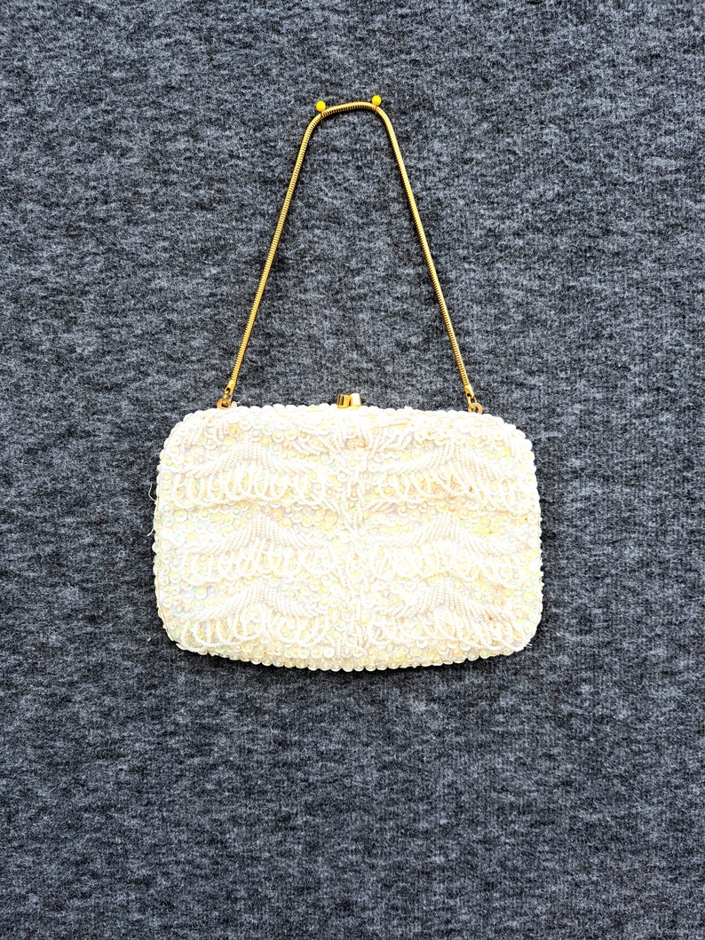 Vintage Beaded Bridal Clutch, Bridal purse, Beaded evening bag, white wedding purse image 2