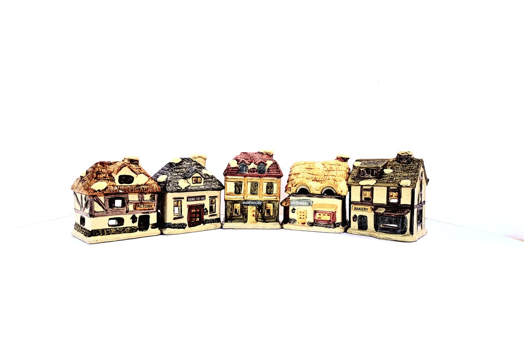 Village Tea Light Houses, Set of 5, Christmas Village, Ceramic Tealight