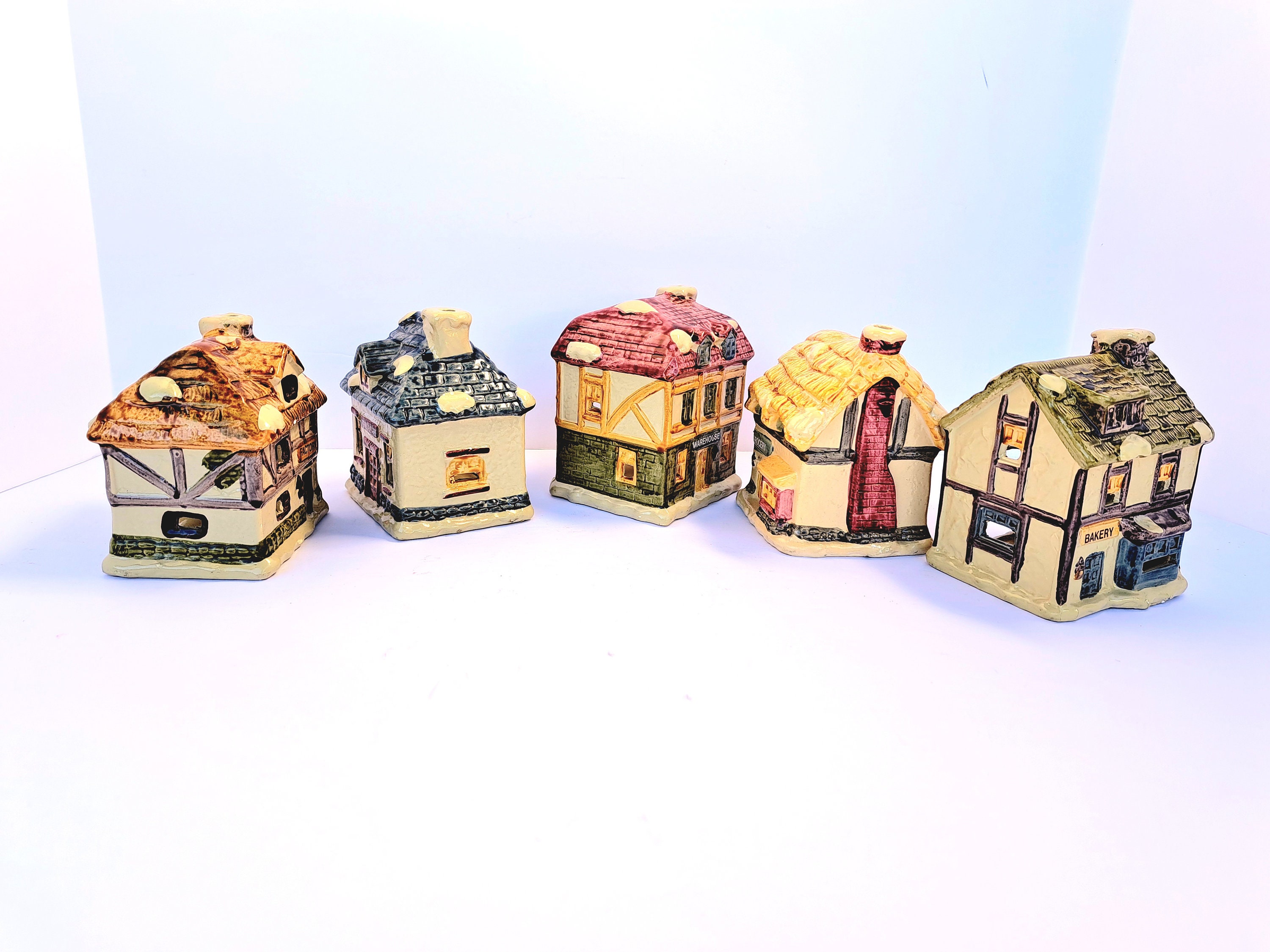 Village Tea Light Houses, Set of 5, Christmas Village, Ceramic Tealight