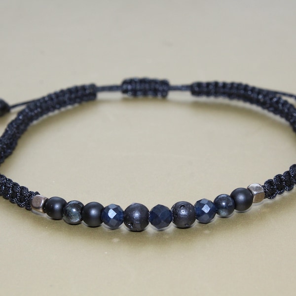 Blue Sapphire, Tourmaline & Onyx healing bracelet. Genuine beads. Men Gift.  Minimalist gemstone gift. Beaded Sapphire and Onyx Bracelet