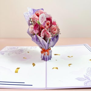 Pastel Rose Bouquet pop-up card, Anniversary Gift Card, Mother day,Gift for mom, Gift for Her.