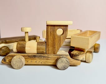 Handcrafted Wooden Train Set Toy | Eco-Friendly Natural Wood Engine and Cars | Toddler Gift | Heirloom Railway Toy
