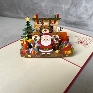 Floating Christmas Card|Santa Claus and funny Reindeers pop-up card|Art paper, Greeting Card, Craft cards, Christmas Gifts, Funny Christmas