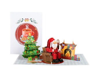 Handmade Santa by Fireplace 3D Pop-Up Card | Unique Cozy Christmas Decor Gift | Santa's Fireplace Scene | Xmas Greeting