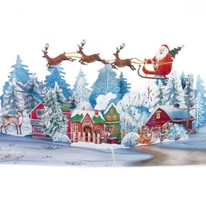 Santa&#39;s Sleigh Over Winter Wonderland, Handmade Christmas Pop up Card, Greeting Card, Great gifts for loved ones this Christmas.