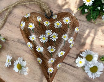 Dainty Hand-Painted Daisies on Miniature Wooden Heart"