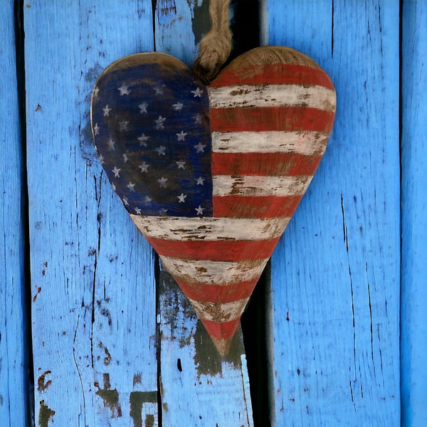 Stars & Stripes on Wood: Handcrafted Heart Wall Hanging - Rustic Americana Decor for Your Home"