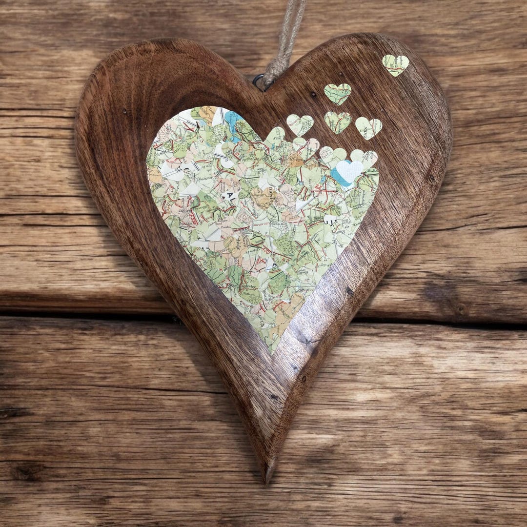 Decoupaged Heart Map Handcrafted Heart Map: Cherish Your Journey With Custom Locations