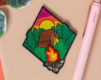 CAMPING iron-on patch with tent, sunset and campfire