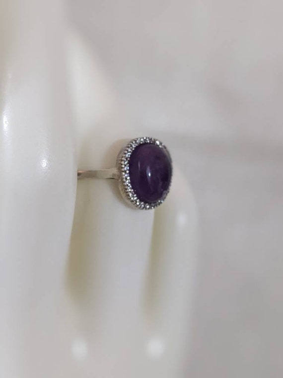 Natural amethyst cabochon ring with CZ Halo in st… - image 3