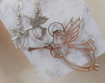 Sterling silver trumpeting angel brooch and earring set