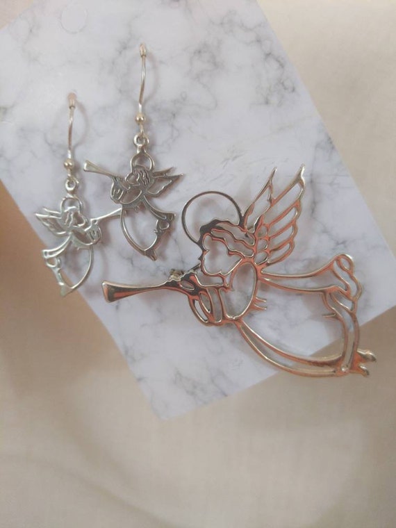 Sterling silver trumpeting angel brooch and earring set