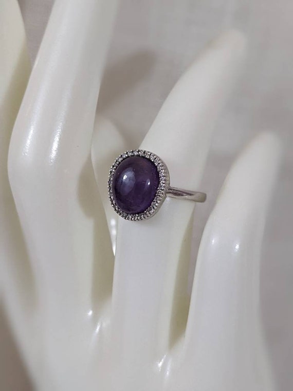 Natural amethyst cabochon ring with CZ Halo in st… - image 5