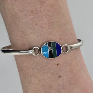 Vintage Sterling Taxco Mexico Bangle with Zuni style jeweled inlay