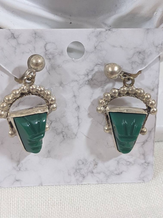 Green agate and sterling tribal mask earrings