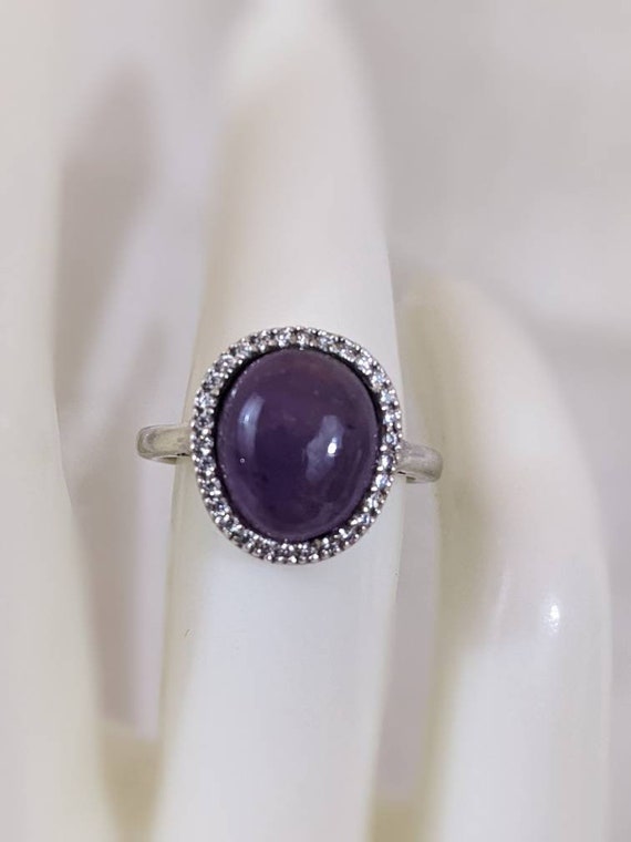 Natural amethyst cabochon ring with CZ Halo in st… - image 1
