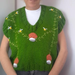 Mushroom Embroidered Knit Sweater: Handmade Sleeveless V-Neck Blouse